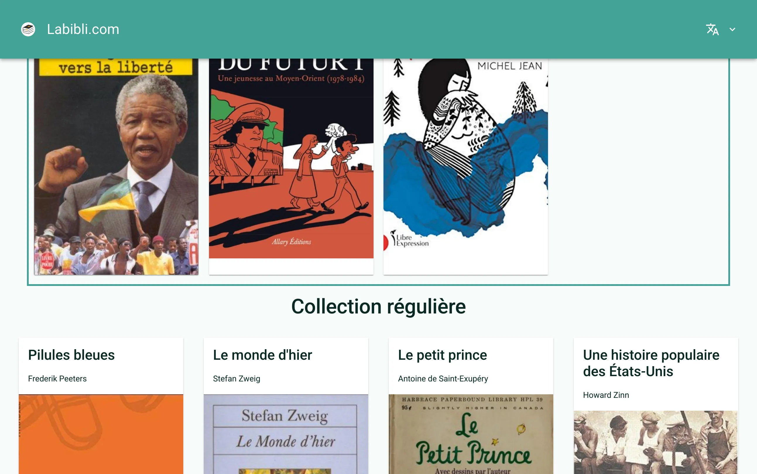 La section « Collection régulière » d’une vitrine : les livres s’affichent en grille, chacun avec sa couverture, son titre et son auteurice.